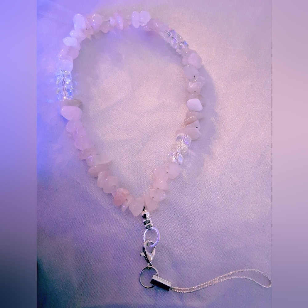 Handmade Rose Quartz & Crystal Beaded Keychain Bracelet - 7"